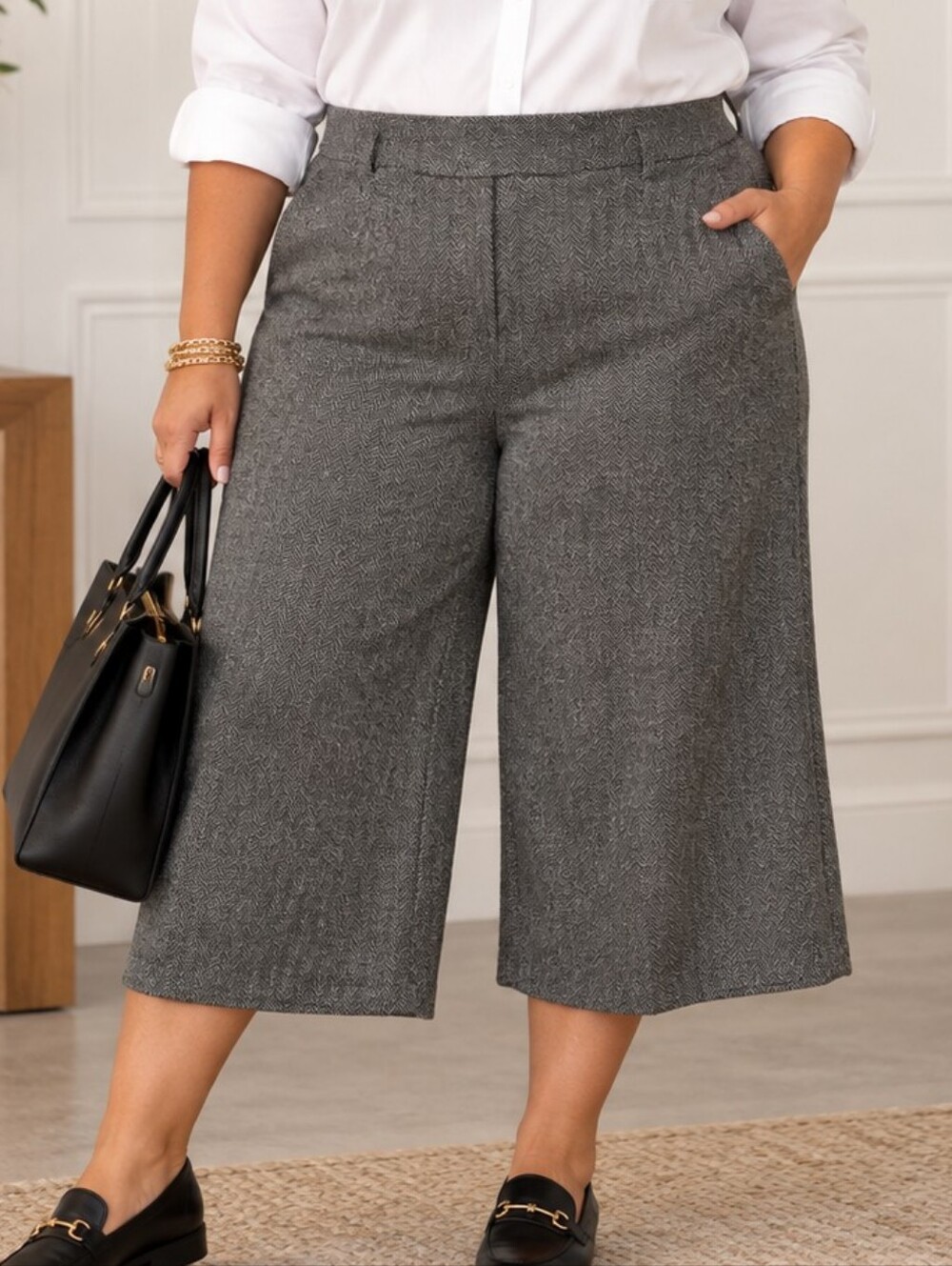 Pennington's Plus-Size 3x: Cropped Wide-Leg Tweed Trousers in Charcoal Gray